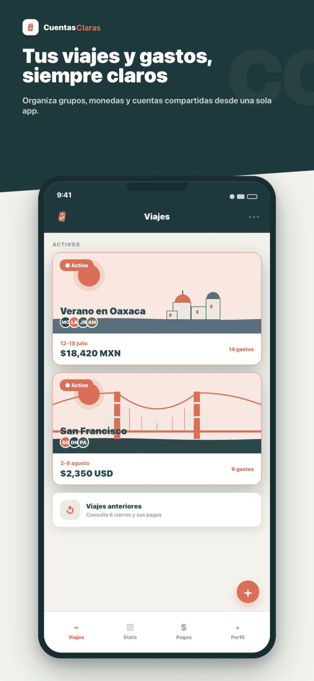 Viajes activos con total, integrantes y gastos